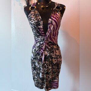 EUC Vintage Y2K ENTRY Purple and Black Patterned Halter Dress Size L